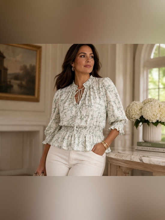 MELLODAY Tops - MELLODAY Sage Floral Peplum Blouse NWT